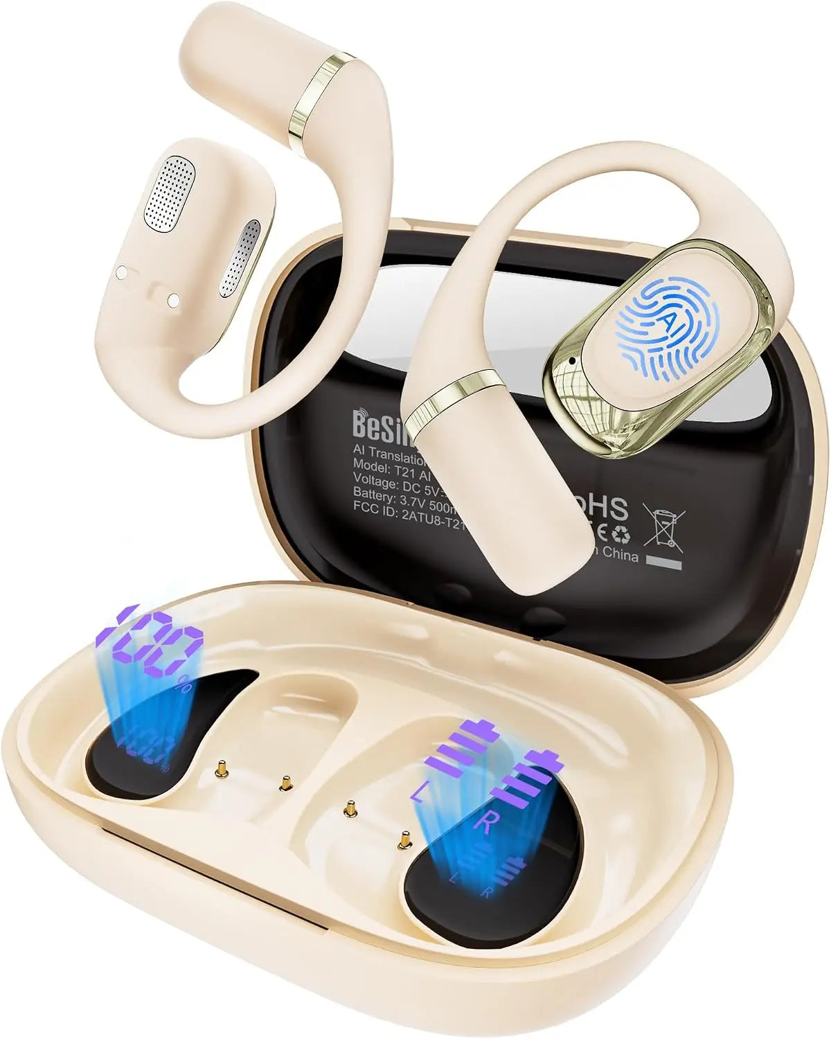 AI Translation Earbuds Real Time, 4-in-1 Open Ear Headphones Fo...